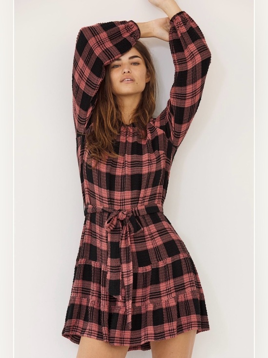 Anthropologie Dresses & Skirts - Cloth & Stone Plaid Long-Sleeve Tie-Waist Mini Dress - Black & Dusty Rose